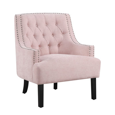 Chaise en chenille rose avec construction en bois massif et bouton - pour la décoration de la pièce de salon