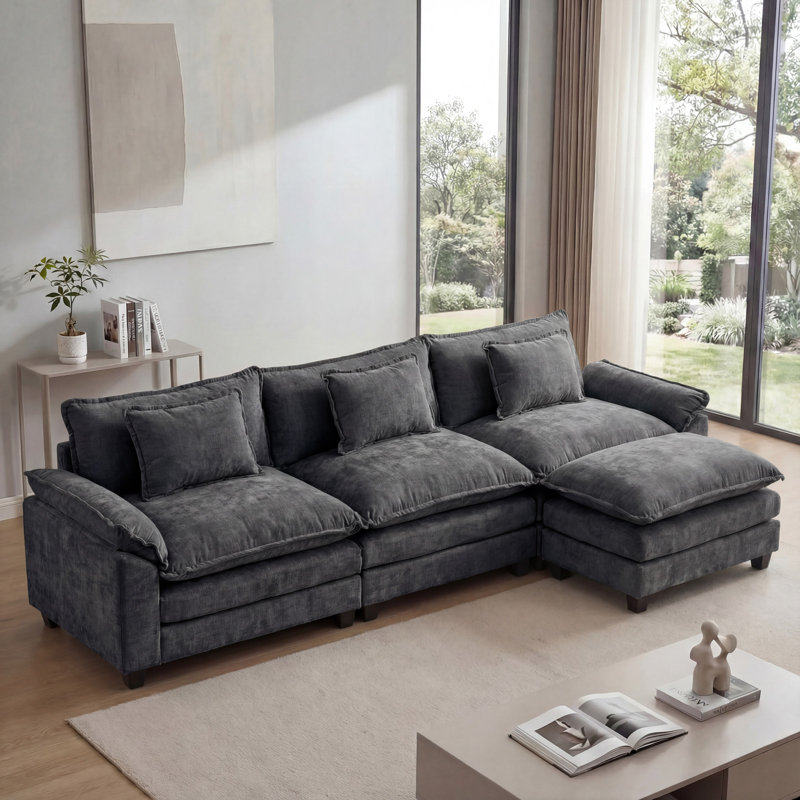 Canapé modulaire modulaire en L 120 po à 4 places avec repose-pieds amovible Modern, Chenille noir