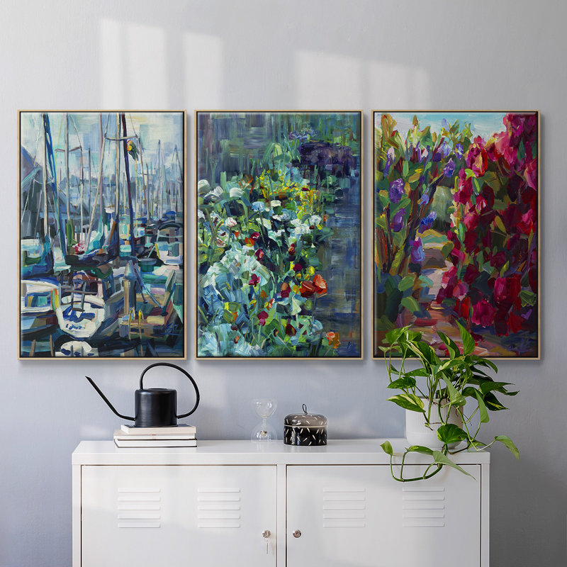 Lilas et rhodies, reproduction sur toile 3 pièces, H 48 po x l 96 po x P 2 po, Cadre en bois naturel