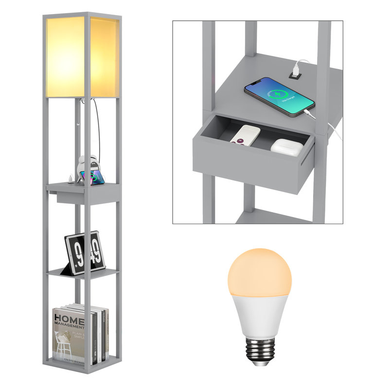 Floor Lamp With Charging, 160cm 3 Layers Shelves Standing Light With Drawer, Reading Lamp with Bulb, Grey