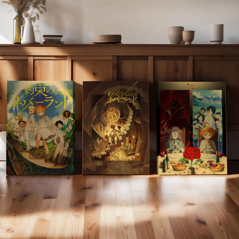 Ensemble de 3 affiches encadrées, inspirées de l'anime The Promised Neverland. Décoration murale de haute qualité sur toile, idéale pour le salon, la chambre à coucher et la décoration intérieure. Avec Emma, ​​Norman Ray et d'autres personnages. Cadeau parfait pour les amateurs d'anime.