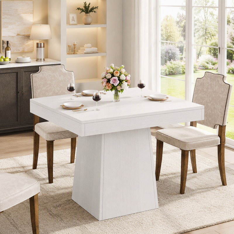 Table de salle à manger carrée de style campagnard de 80 cm pour 4 personnes, petite table de cuisine avec plateau de 10 cm d'épaisseur et pied central, idéale pour les petits bureaux.