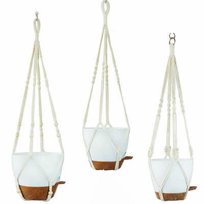 Set Of 3 Hanging Planters With 10"/8"/7" Self Watering Pots, Macrame Hangers With Hooks, Drainage, White