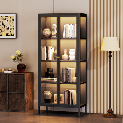 3-Sided Glass Dining Cabinet With Lights, Metal Display Stand by Wrought Studio
