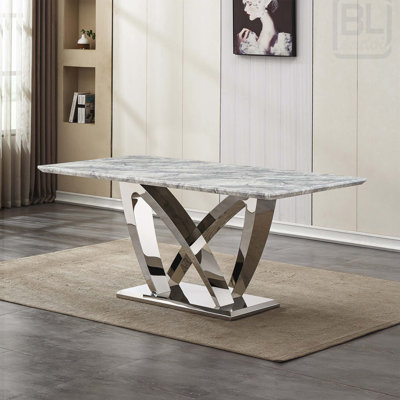 Modern Faux Marble Dining Table (6-8 Seaters) - 70'' Rectangular, with Polished Edges & Mirrored Stainless Steel Base?
