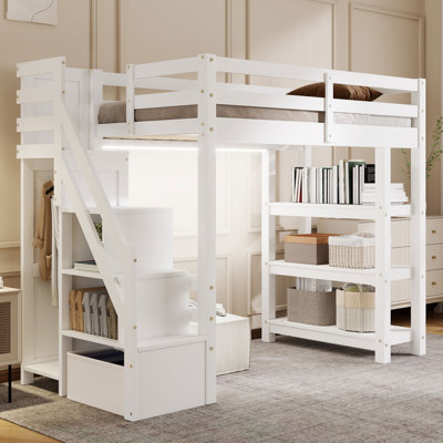 Twin Size Loft Bed with Shelves, Storage Staircase, Small Wardrobe & White LED Light, White Finish