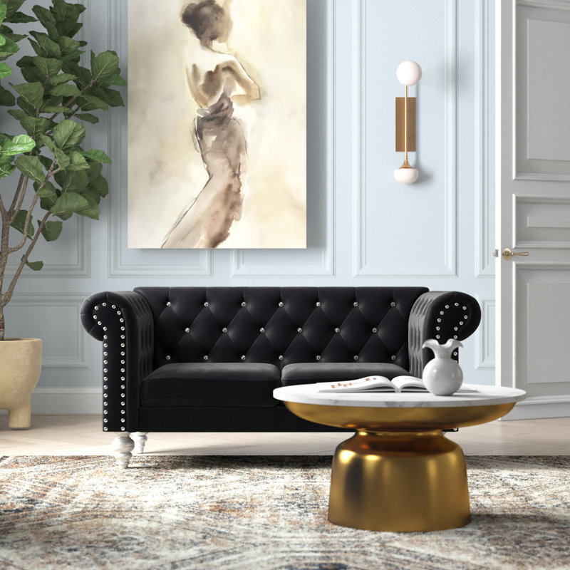 Causeuse Chesterfield 62,4 po Shondra, Velours noir