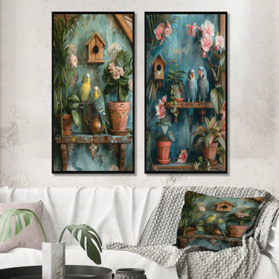 «Parakeets In A Flower Garden I» - ensemble d'art mural 2 pièces