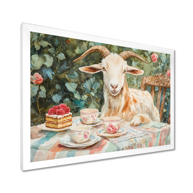 Rose Garden Tea Party II - Tableau encadré avec chèvre, H 24 po x l 32 po, Cadre photo blanc
