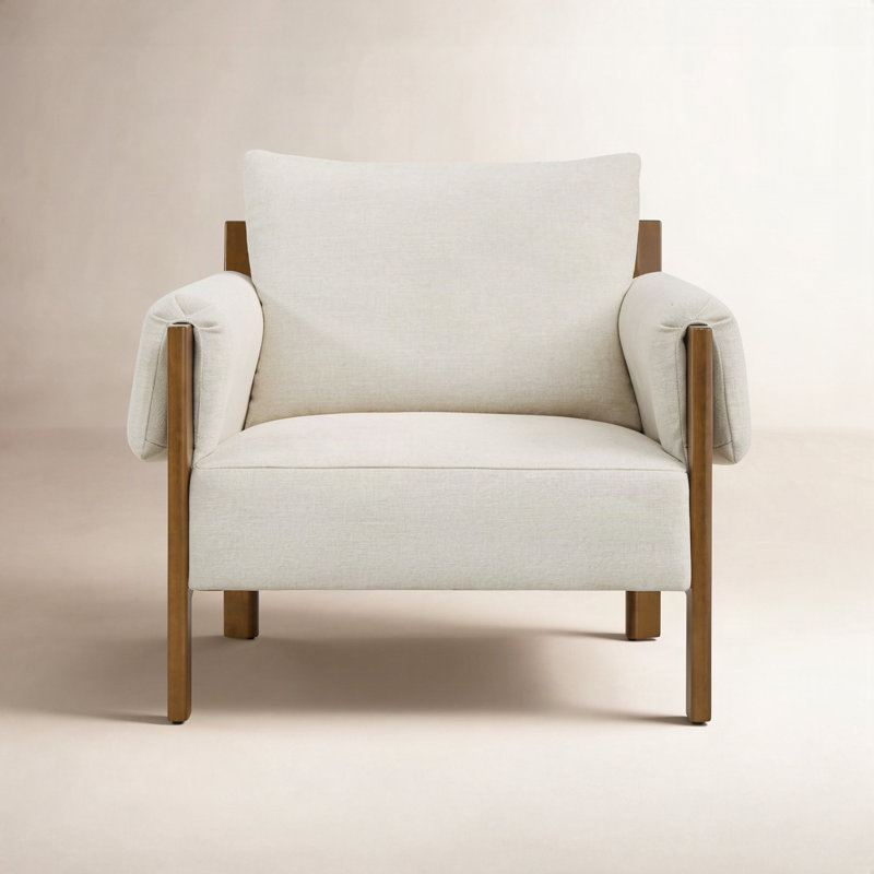 Galway Melksham 33.26'' W Mid-Century Accent Chair, Walnut, Linen Performance Basketweave