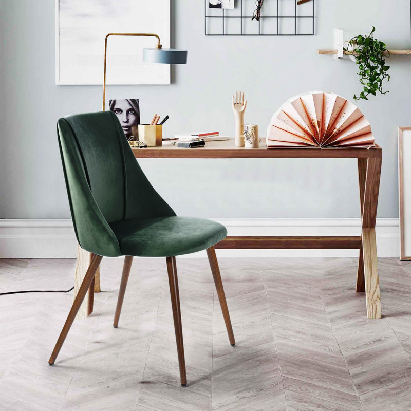 2 Kory Velvet Upholstered Dining Chair with Wood Effect Metal Legs, Deep Green, Brown