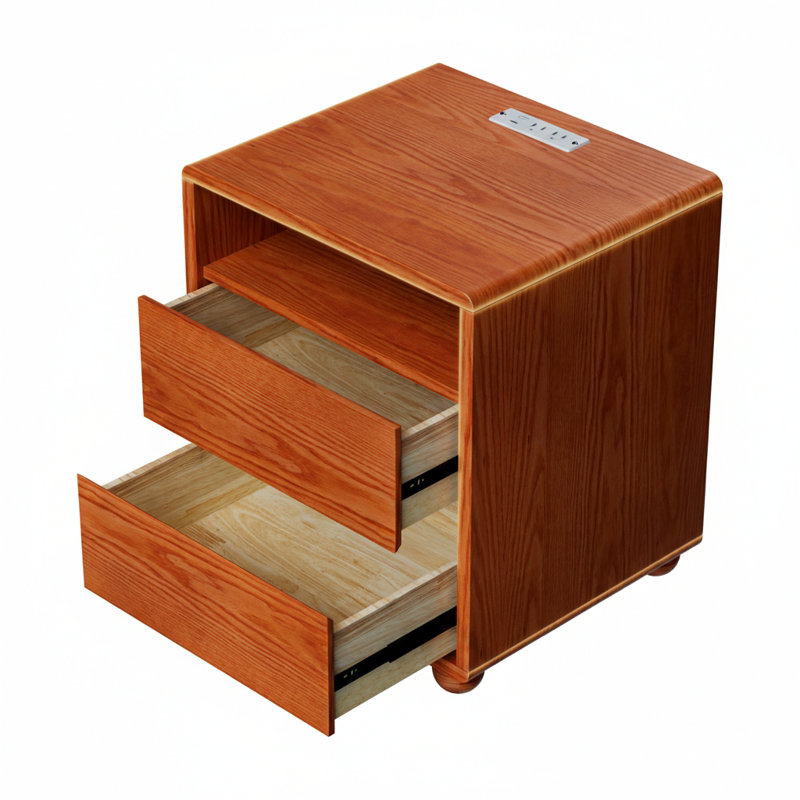 Table de chevet Mid-Century moderne en bois massif avec 2 tiroirs, tablettes et station de recharge, Noyer