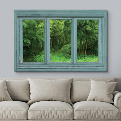 Scène de fenêtre «Vintage Teal Window donnant sur une jungle verte avec un chemin» sur toile