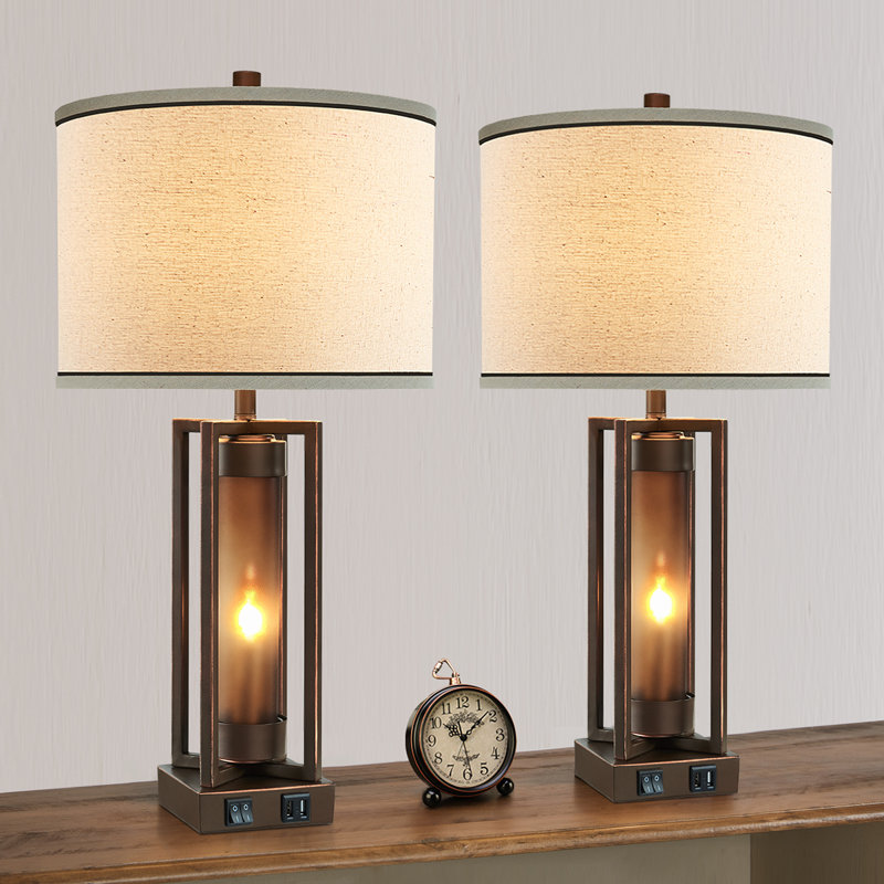 Eleonora 26" Bronze Metal Table Lamp Set With Night Light And USB Ports