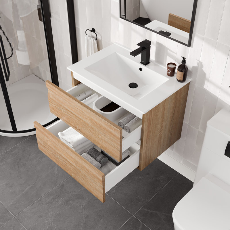 28 po Alberthe Luckey Meuble-lavabo mural simple en érable avec plateau en porcelaine et lavabo intégré en érable
