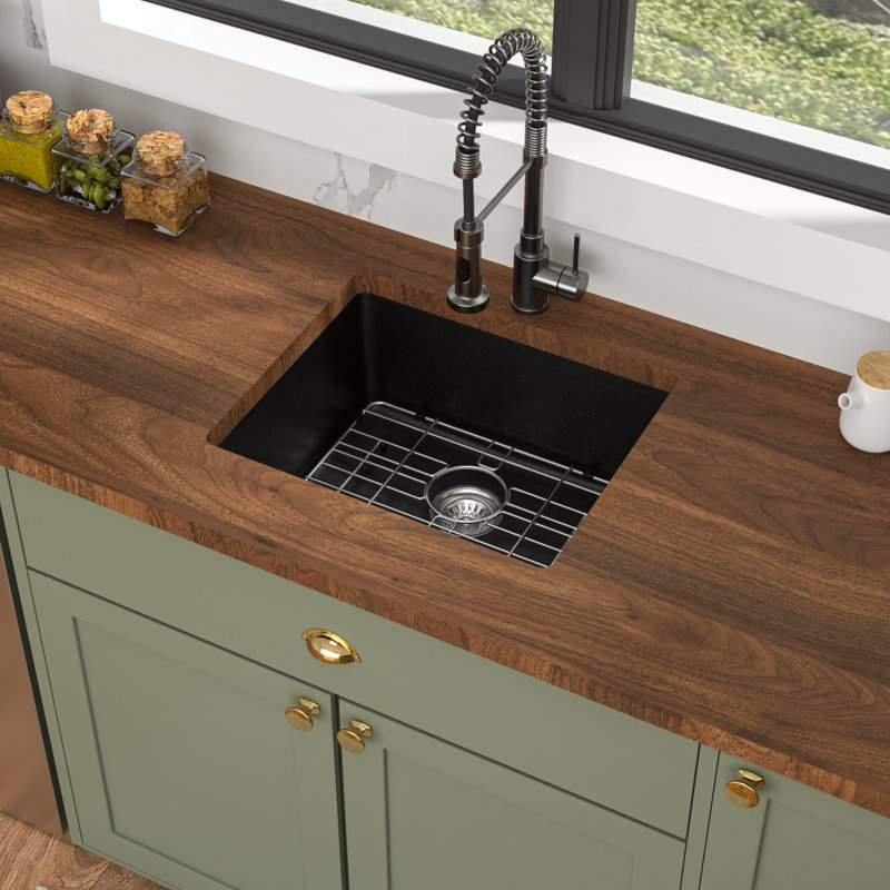 Évier de cuisine à cuve simple encastrable en quartz noir 21 po avec crépine Mocoloo