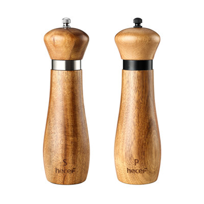 Hecef 2-Piece Acacia Wood Salt and Pepper Mill Set with Adjustable Ceramic Grinders, 8.5 Inch