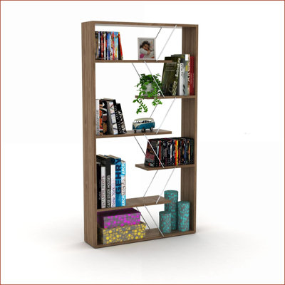 Bibliothèque industrielle à 6 tablettes avec cadre ouvert en bois | Noyer brun | Chrome argenté