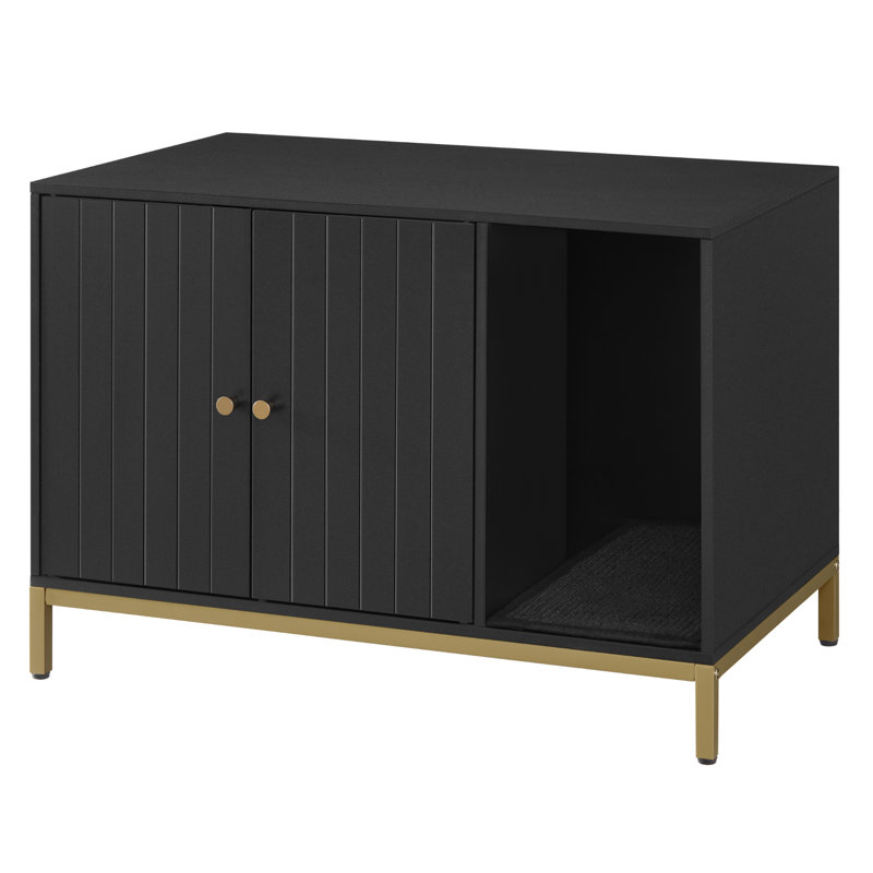 Black and Gold Modern Cat Litter Box Enclosure with Scratching Mat