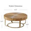 Table basse ronde en bois massif avec pieds en métal doré, finition naturelle sculptée