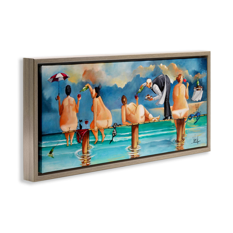 Dames nues s'amusant à la plage, H 11 po x l 25 po, Cadre flottant orme Montalcino