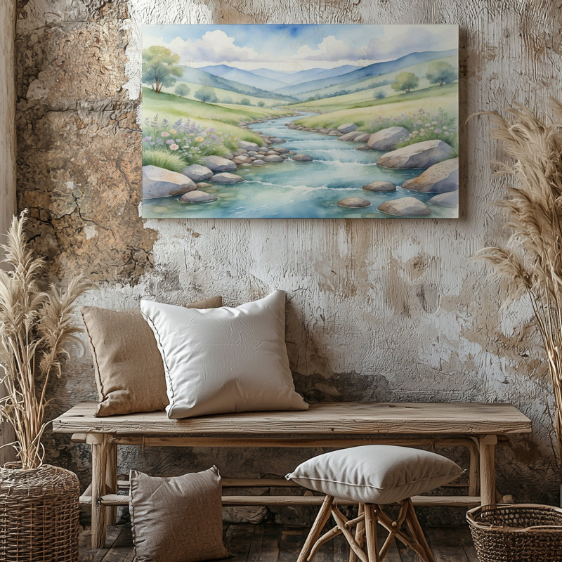 Reproduction d'art sur toile Tranquil River Landscape Nature Mountains with Flowers and Flowers, 18 x 24 in