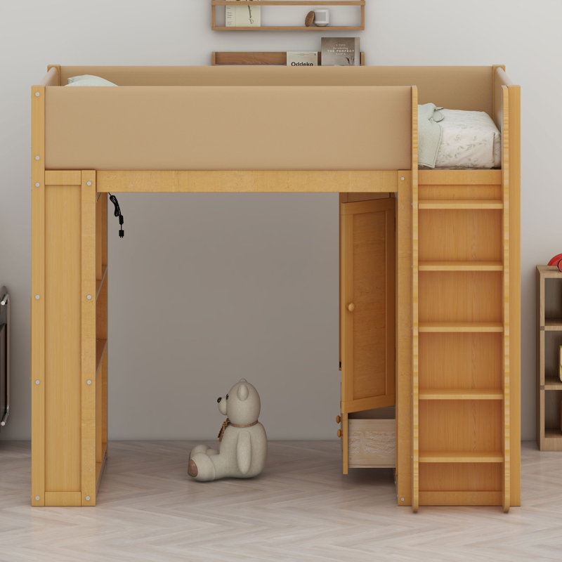 Lit mezzanine avec armoire intégrée, tiroirs et éclairage d'ambiance pour un montage facile, Lit double, Bois