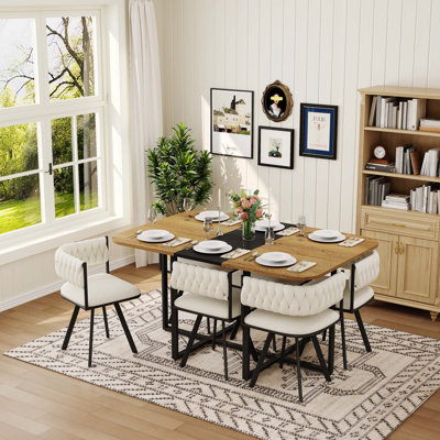 7-Piece Modern Dining Set For 6, Black & Wood Grain Table With 6 Beige Velvet Tufted Chairs