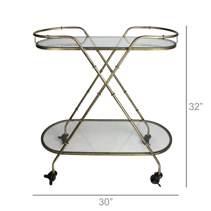 Oval Brass and Glass Bar Cart with Locking Wheels