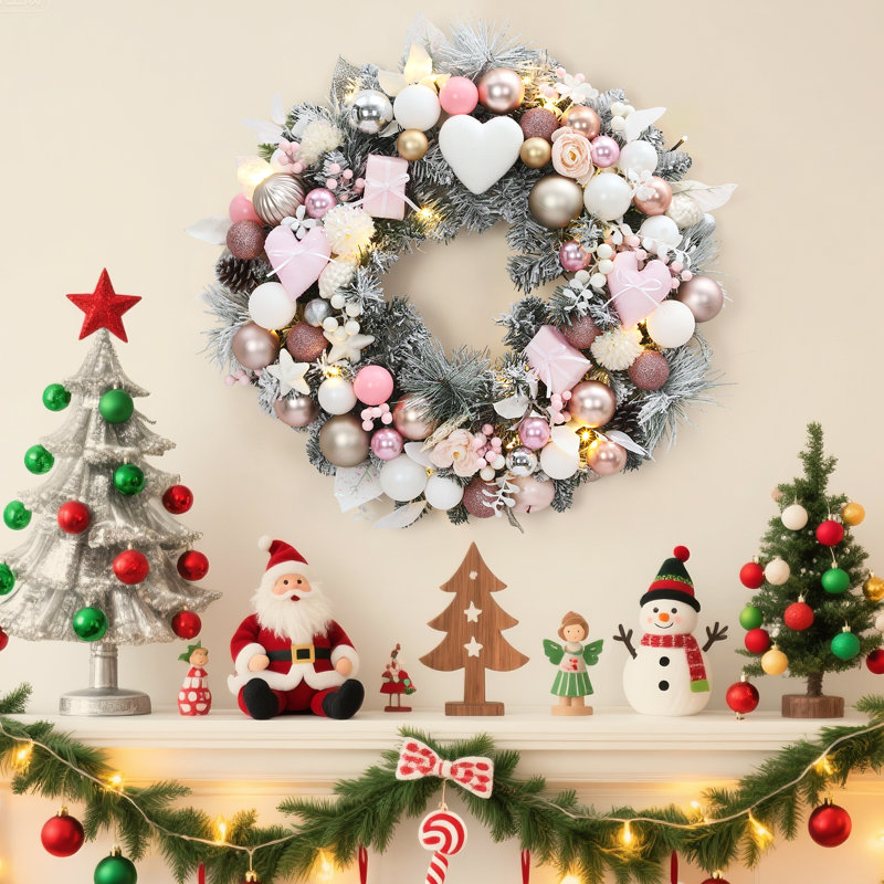 Couronne de Noël 24 pouces pour porte d'entrée avec 20 lumières DEL, cœur et boîte-cadeau, rose
