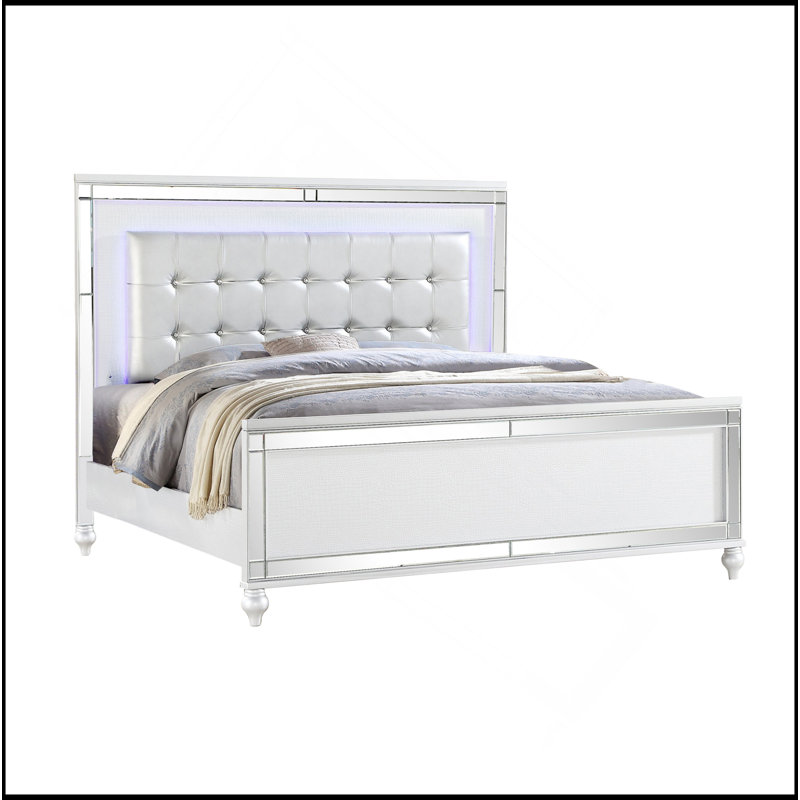 Lit rembourré à DEL en bois, Blanc, Lit double