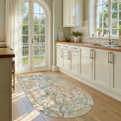 Floral Rug Botanical Birds Print Nature Plants Washable Non-slip
