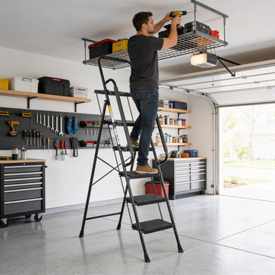 Simpli-Magic 5-Step Ladder with Handrails, 800 LB Capacity ANSI Certified Folding Step Stool,Anti-Slip Wide Pedal, Lightweight Steel, Portable & Foldable for Kitchen, Garage, & Office, Black