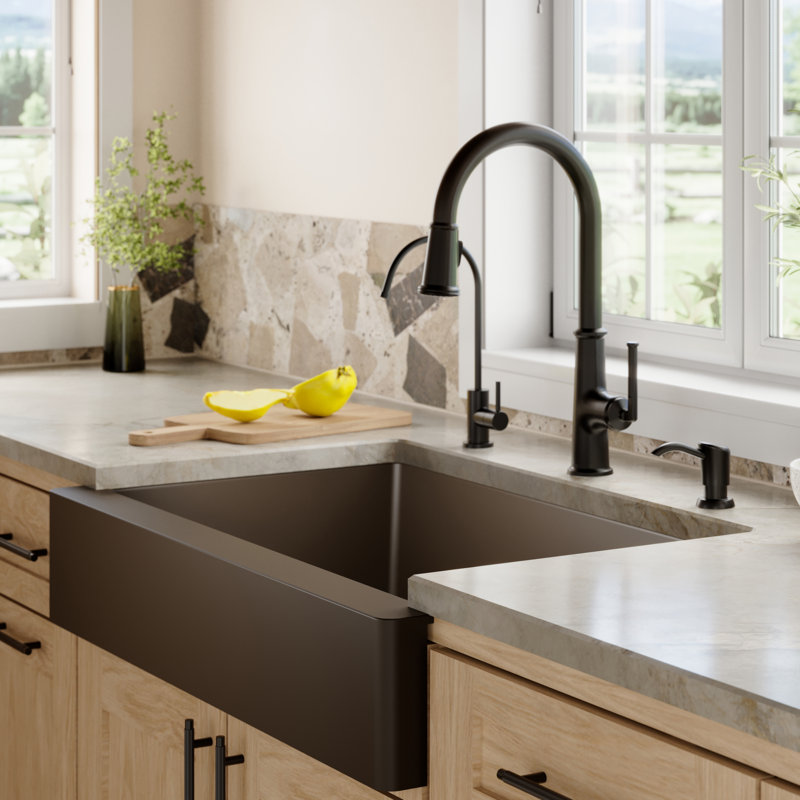Ensemble d'évier de cuisine à tablier simple à tablier frontal 34 po x 21 1/4 po Karran Quartz, Brun