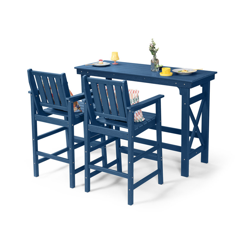 3 Pieces HDPE Outdoor Bar Table And Chairs Set, Tall Adirondack Chairs Set Of 2 With Rectangular Bar Table, Patio Bar Stools Set, HDPE Outdoor Patio Bar Set For Balcony, Porch, Deck