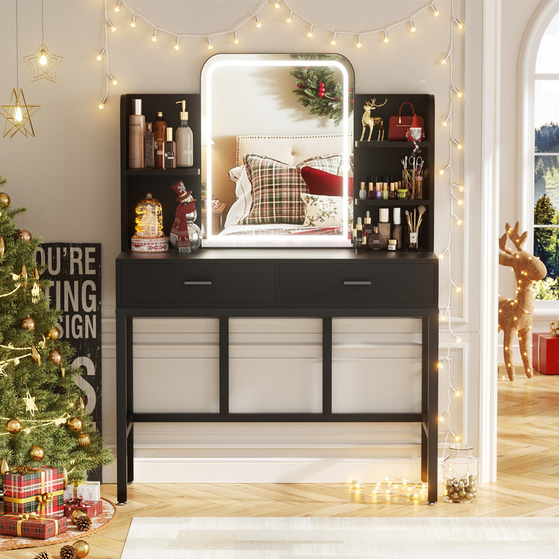Makeup Vanity with 2 Storage Drawers, Vanity Desk with Mirror and Lights, Black