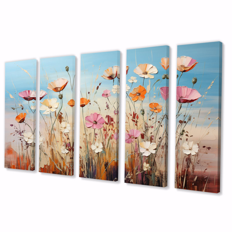 Fleurs abstraites colorées - reproduction sur toile florale - 5 panneaux égaux