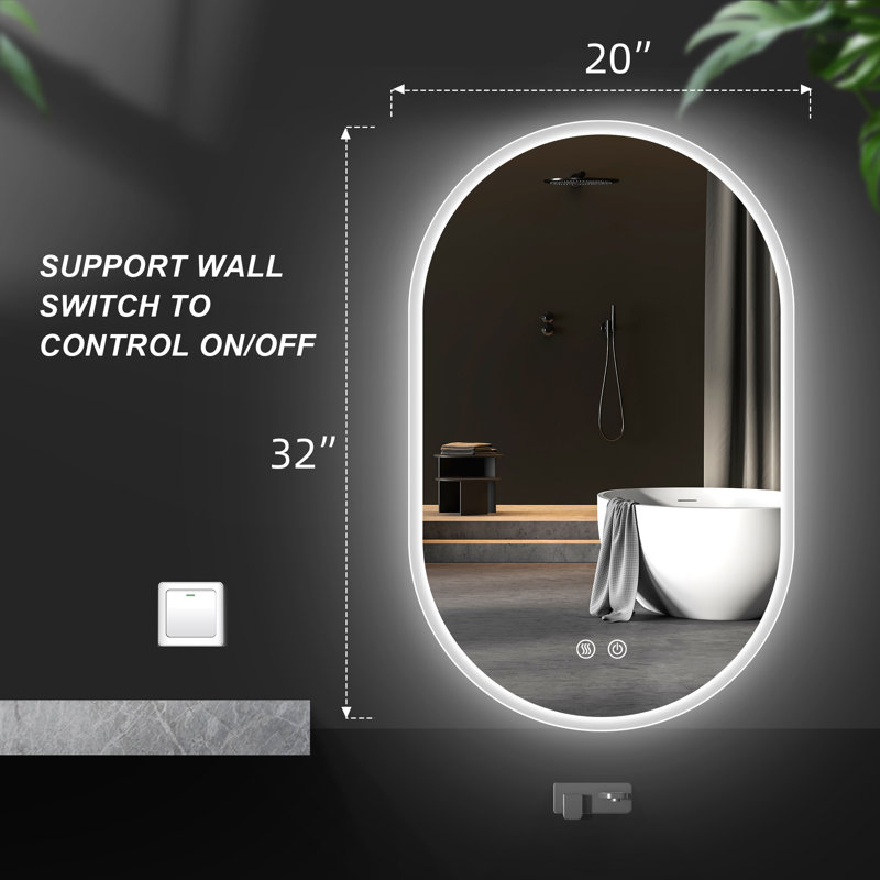 Wall Mounted LED Mirror Frameless Bathroom Vanity Oval Lighted Mirror with Anti-fog&Dimmable Lights, 32" x 20"