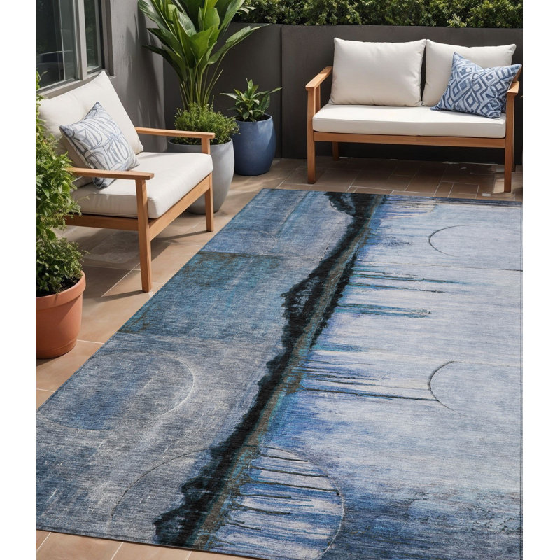 Tapis extérieur lavable abstrait bleu et gris anthracite 5 pi x 8 pi