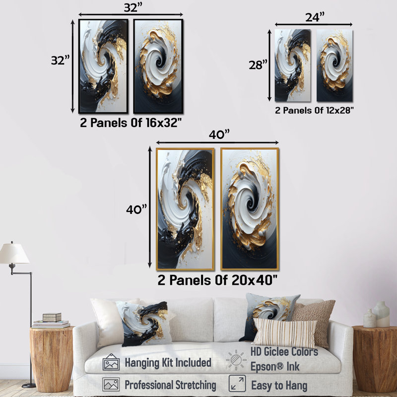 Ensemble de 2 pièces d'art mural blanc et noir, cosmique et tourbillon abstrait, H 32 po x l 32 po, Toile tendue