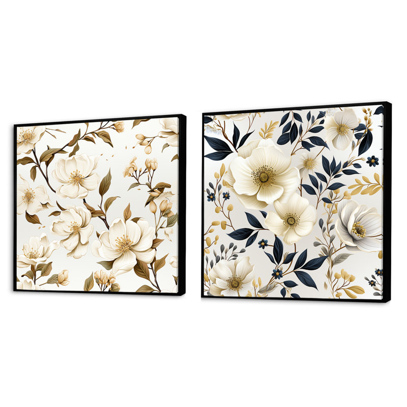 Nuri - Ensemble de 2 collages floraux carrés, Cadre flottant noir, H 30 po x l 61 po