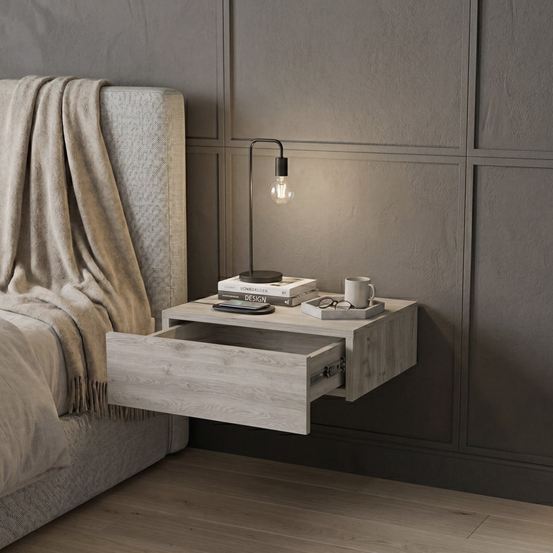 Barcelona Floating Wall-Mounted Nightstand with Drawer Storage, Modern Bedroom Bedside Table with Storage, Light Gray