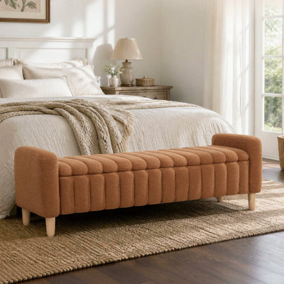 Banc de rangement l 63,4 po avec rangement caché à rabat, banc de bout de lit moderne avec capitonnage à vagues, accoudoirs et pieds en bois massif pour la chambre à coucher, le vestibule et le salon