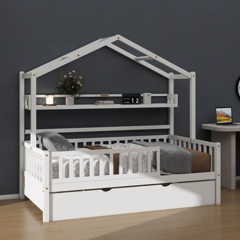 Lit en bois avec couchette, lit pour enfant avec tablette, Simple