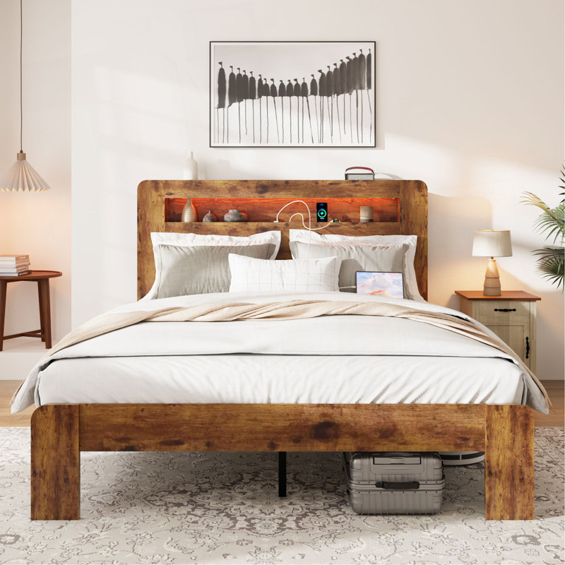 Cadre de lit, cadre de lit plateforme en bois avec tête de lit à DEL avec rangement et 2 ports USB, silencieux, aucun sommier nécessaire et outil d'assemblage facile, grand rangement sous le lit, brun foncé