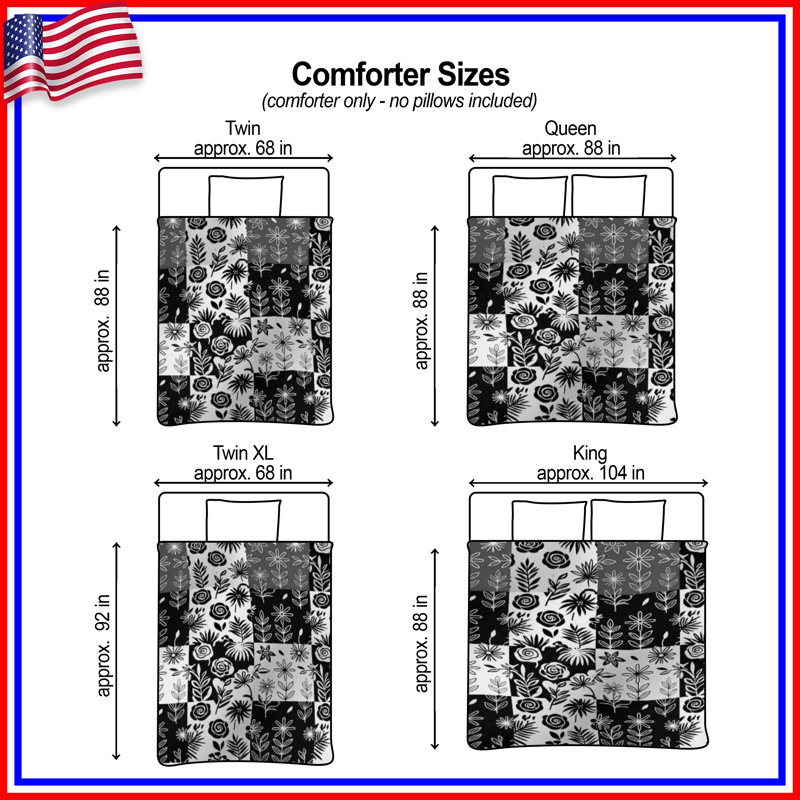 Black White Floral Pattern Comforter, Queen