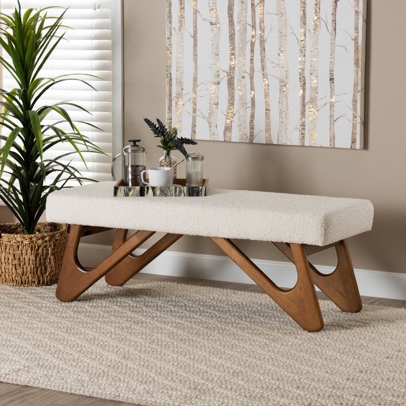 Cream Boucle Fabric and Walnut Wood Bench with Button-Tufted Seat