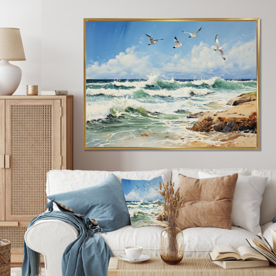 Seagulls In Flight Over Beach I - Nautical & Beach Canvas Art Print