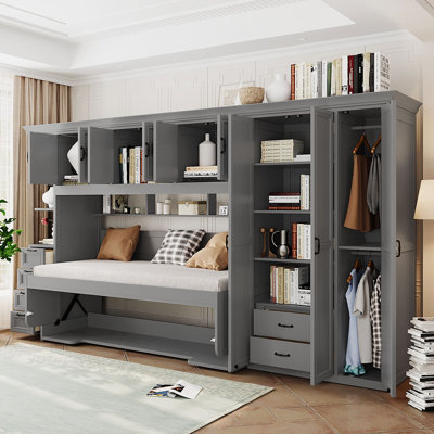Lit escamotable simple mural avec garde-robe, armoire et bureau - Lit pliant peu encombrant de couleur grise