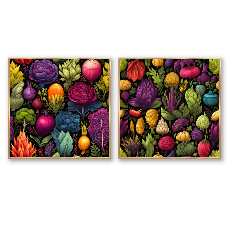 Lonnie - Ensemble de 2 collages carrés fruits et légumes, Cadre flottant doré, H 16 po x l 33 po